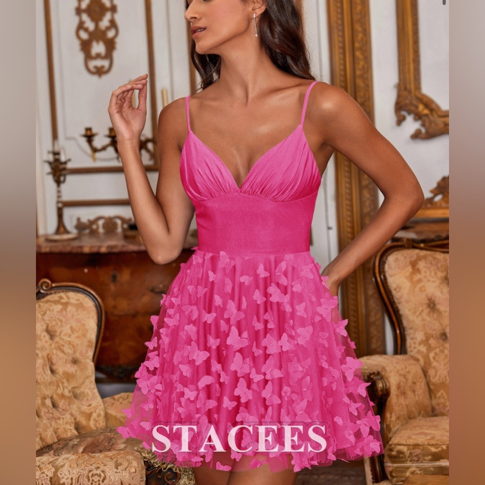 Stacees Pink Butterfly Mini Dress